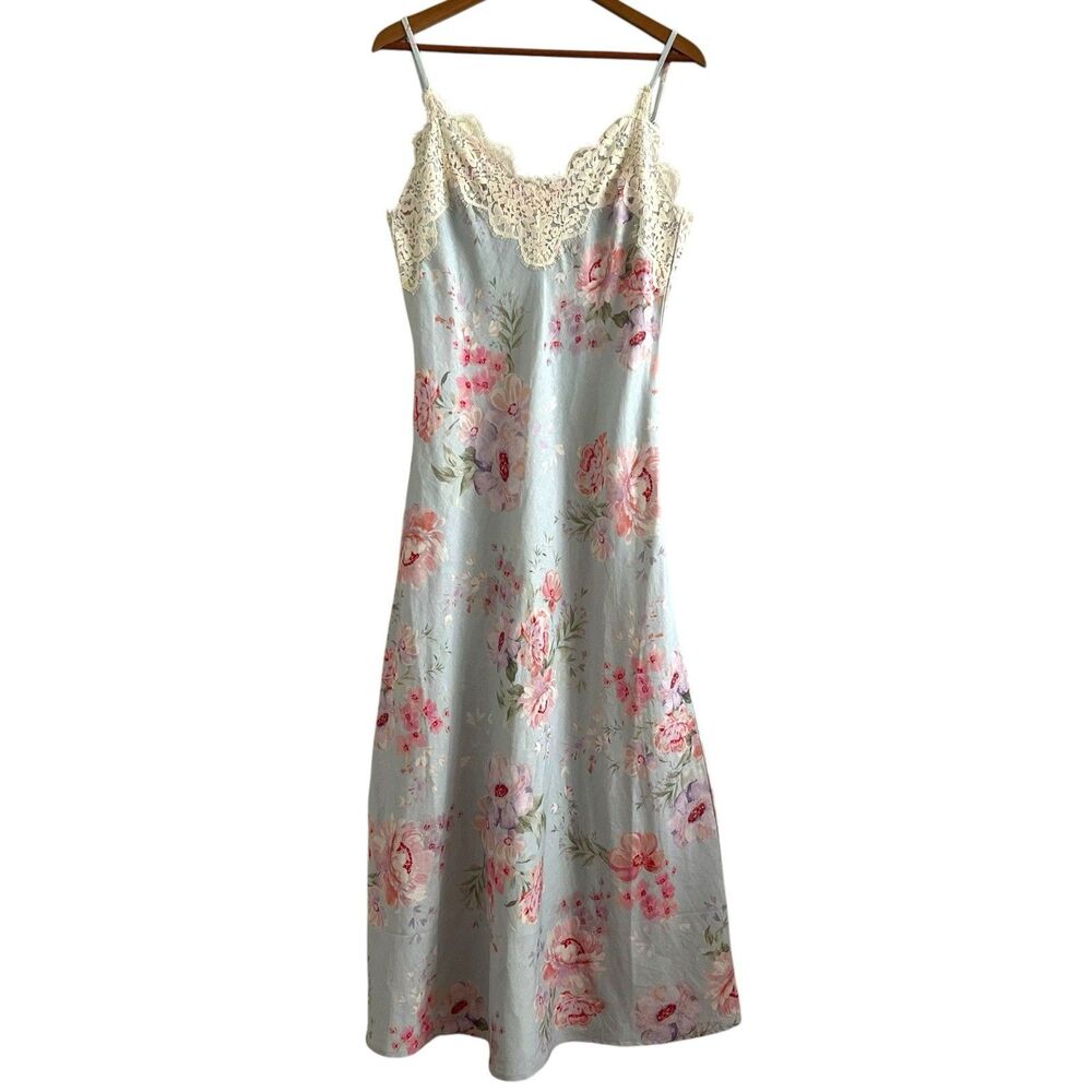 Caroline Constas Linen Blend Floral Maxi Slip Dress Size M Lace Trim Bias Resort - Picture 2 of 13